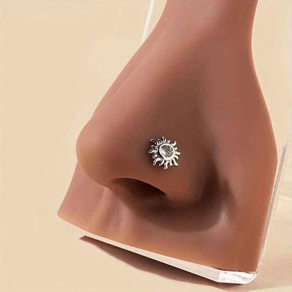 WHITE GOLD DIAMOND SUNFLOWER SUN L ROD NOSE RING - Picture 1 of 3